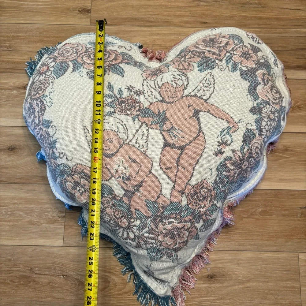 Oversized Vintage Quilt Tapestry Turned into Heart Shaped Cherub Pillow w Fringe